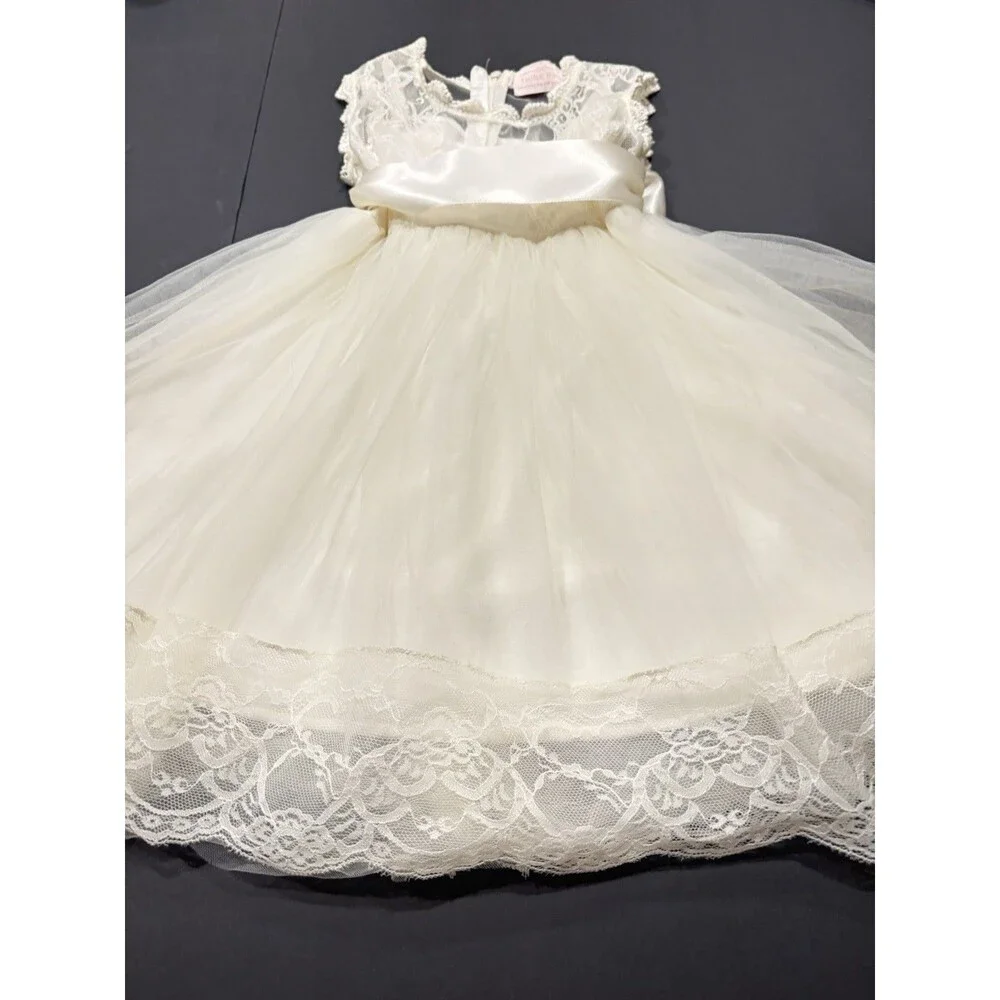 Girls Ivory Lace Tulle Dress Satin Bow Special Occasion Size 4-5